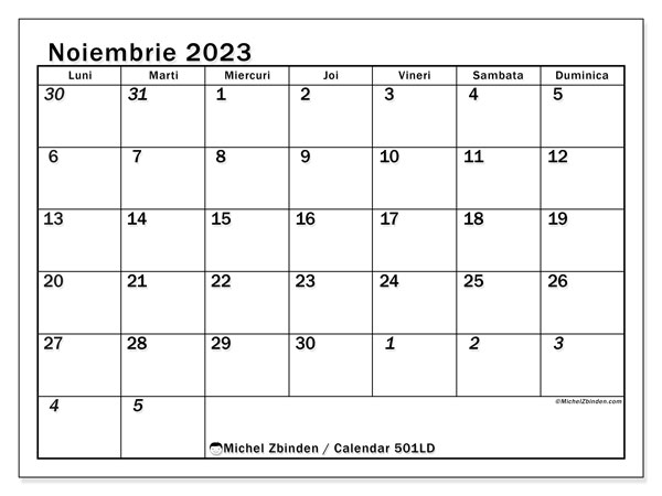 Calendar noiembrie 2023, 501LD. Plan pentru imprimare gratuit.