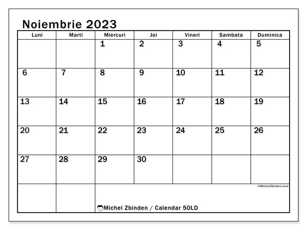 Calendar noiembrie 2023, 50LD. Plan pentru imprimare gratuit.
