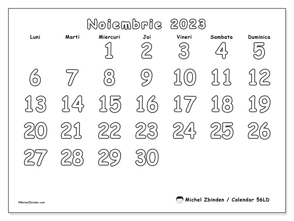 Calendar pentru imprimare, noiembrie 2023, 56LD