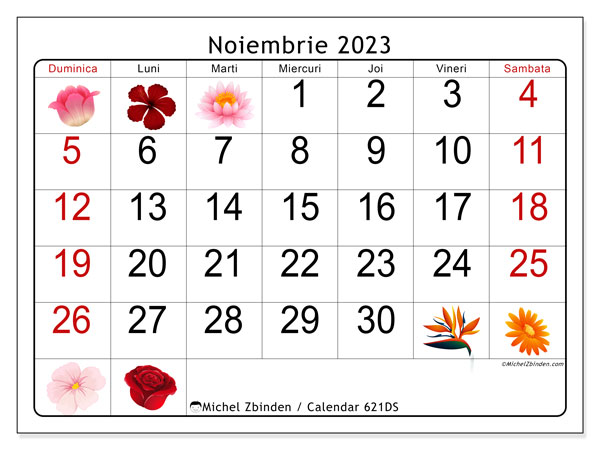 Calendar noiembrie 2023, 621DS. Plan pentru imprimare gratuit.