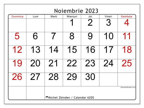Calendar noiembrie 2023, 62DS. Plan pentru imprimare gratuit.
