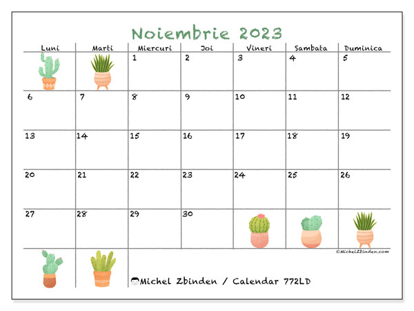Calendar noiembrie 2023, 772LD. Calendar pentru imprimare gratuit.