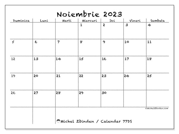 Calendar noiembrie 2023, 77DS. Plan pentru imprimare gratuit.