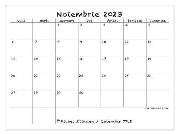 Calendar noiembrie 2023, 77LD. Jurnal imprimabil gratuit.