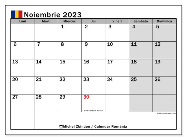 Calendário Novembro 2023, Roménia (RO). Jornal gratuito para impressão.