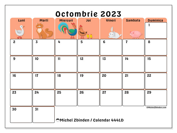 Calendar octombrie 2023, 444LD. Calendar pentru imprimare gratuit.