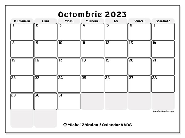 Calendar octombrie 2023, 44DS. Calendar pentru imprimare gratuit.