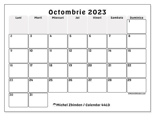 Calendar pentru imprimare, octombrie 2023, 44LD