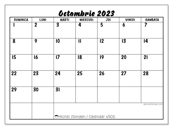 Calendar octombrie 2023, 45DS. Calendar pentru imprimare gratuit.