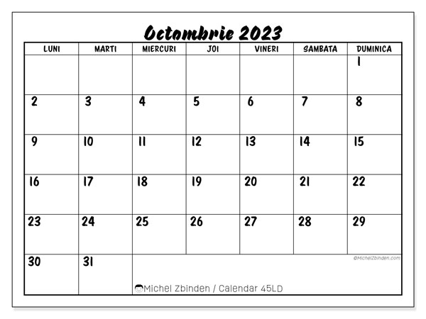 Calendar octombrie 2023, 45LD. Calendar pentru imprimare gratuit.