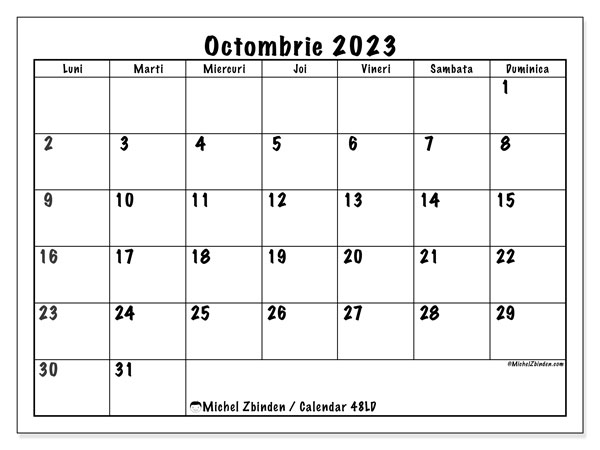 Calendar octombrie 2023, 48LD. Calendar pentru imprimare gratuit.