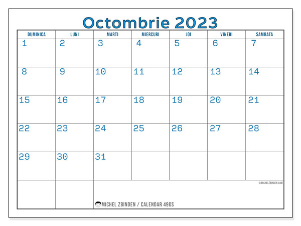 Calendar octombrie 2023, 49DS. Calendar pentru imprimare gratuit.