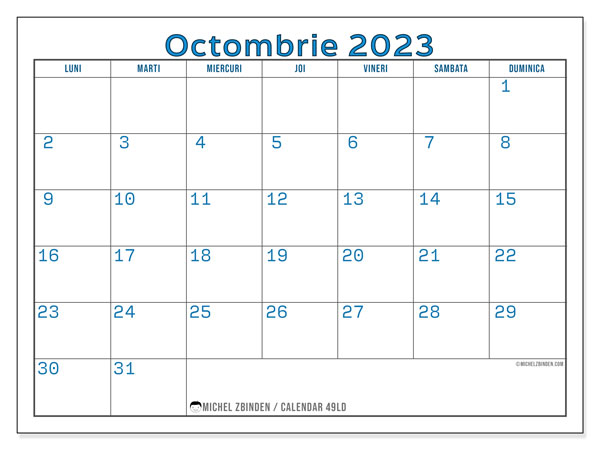 Calendar octombrie 2023, 49LD. Calendar pentru imprimare gratuit.