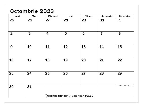 Calendar octombrie 2023, 501LD. Calendar pentru imprimare gratuit.