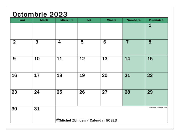Calendar octombrie 2023, 503LD. Calendar pentru imprimare gratuit.