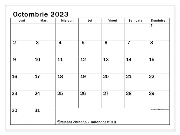 Calendar pentru imprimare, octombrie 2023, 50LD