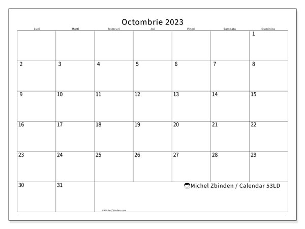 Calendar pentru imprimare, octombrie 2023, 53LD