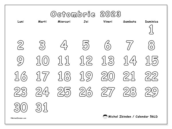 Calendar octombrie 2023, 56LD. Calendar pentru imprimare gratuit.