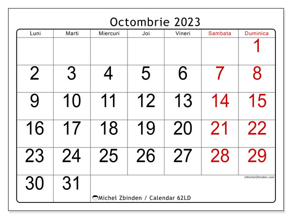 Calendar octombrie 2023, 62LD. Calendar pentru imprimare gratuit.