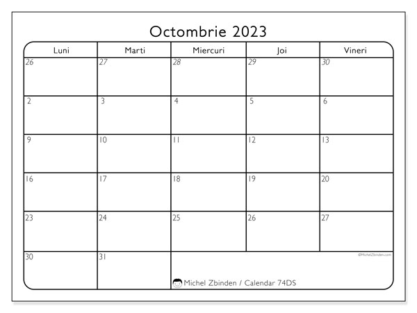 Calendar octombrie 2023, 74DS. Calendar pentru imprimare gratuit.