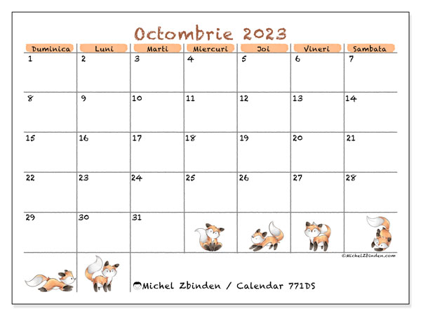 Calendar octombrie 2023, 771DS. Calendar pentru imprimare gratuit.