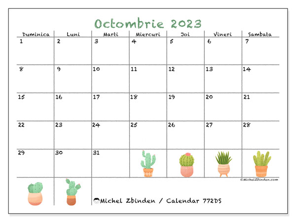 Calendar octombrie 2023, 772DS. Calendar pentru imprimare gratuit.