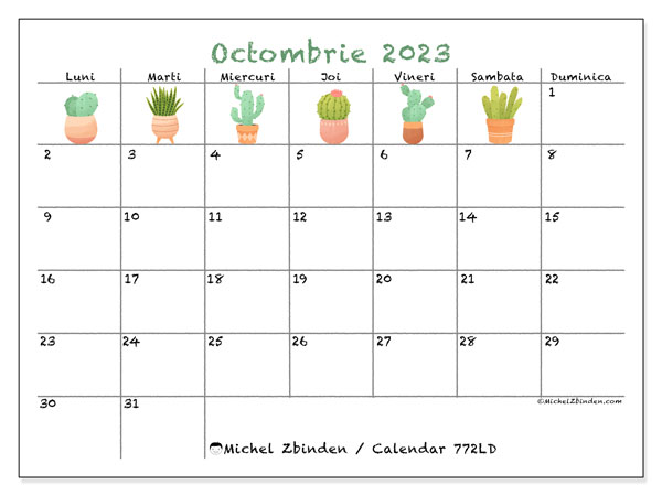 Calendar octombrie 2023, 772LD. Calendar pentru imprimare gratuit.