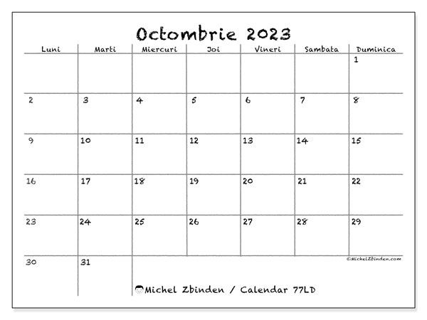 Calendar pentru imprimare, octombrie 2023, 77LD