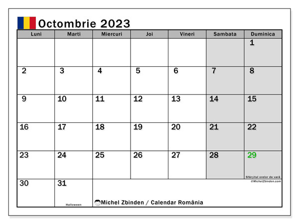 Calendário Outubro 2023 “Roménia”. Horário gratuito para impressão.. Segunda a domingo