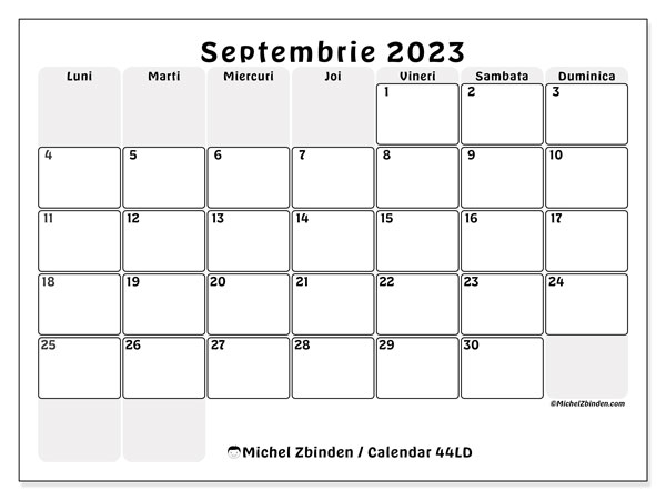 44LD, calendar septembrie 2023, pentru tipar, gratuit.