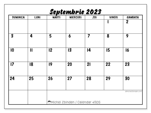 Calendar septembrie 2023, 45DS. Calendar pentru imprimare gratuit.