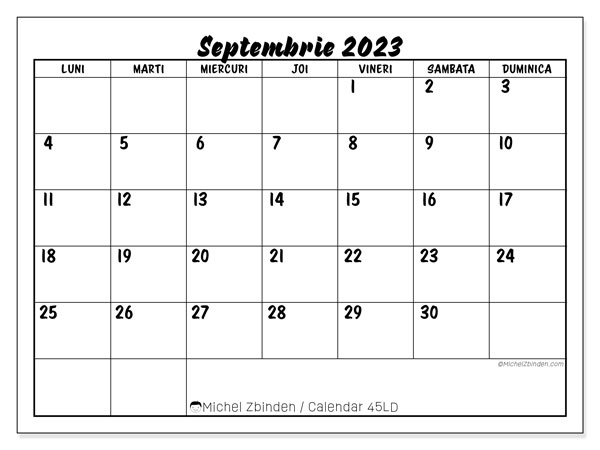 Calendar septembrie 2023, 45LD. Calendar pentru imprimare gratuit.