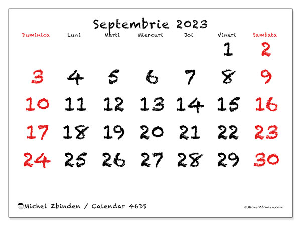 Calendar septembrie 2023, 46DS. Calendar pentru imprimare gratuit.