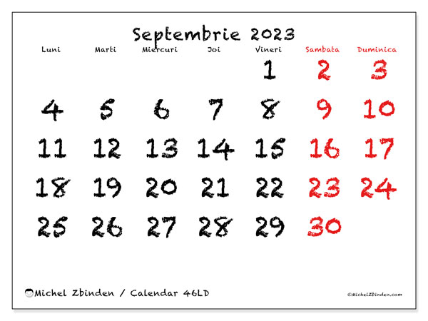 Calendar septembrie 2023, 46LD. Calendar pentru imprimare gratuit.