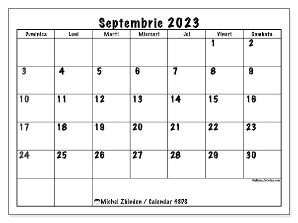 Calendar septembrie 2023, 48DS. Calendar pentru imprimare gratuit.