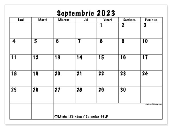 Calendar pentru imprimare, septembrie 2023, 48LD