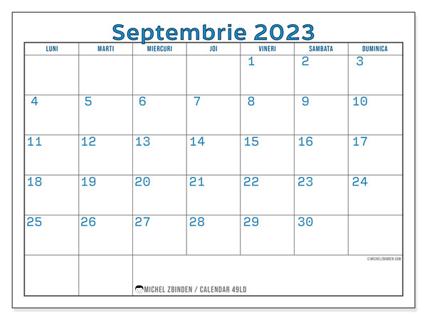 Calendar septembrie 2023, 49LD. Calendar pentru imprimare gratuit.
