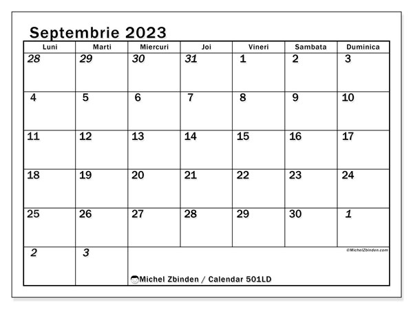 Calendar septembrie 2023, 501LD. Calendar pentru imprimare gratuit.