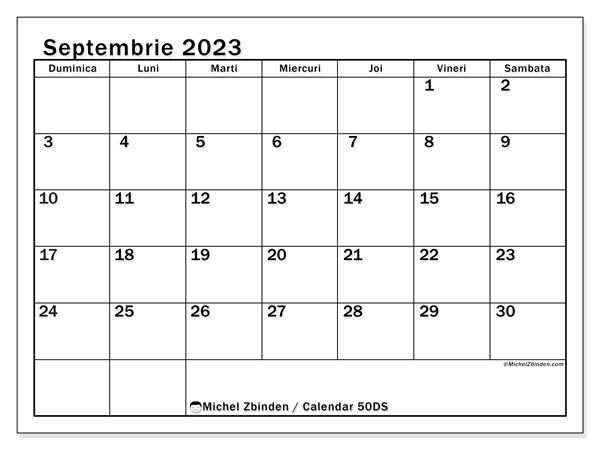 Calendar septembrie 2023, 50DS. Calendar pentru imprimare gratuit.