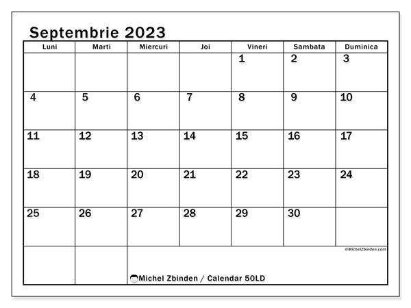 Calendar pentru imprimare, septembrie 2023, 50LD
