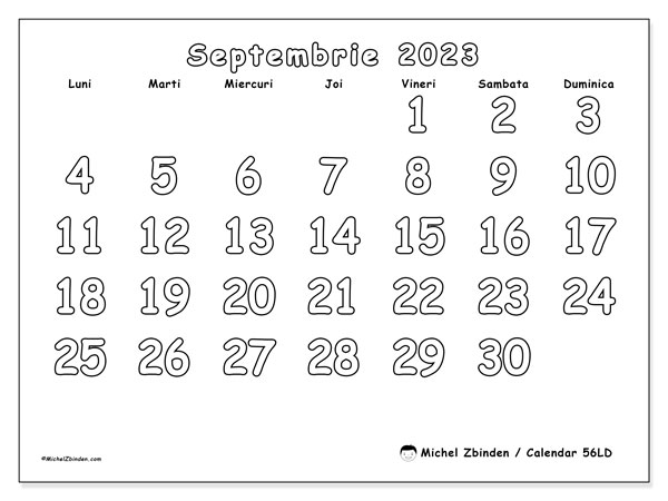 56LD, calendar septembrie 2023, pentru tipar, gratuit.