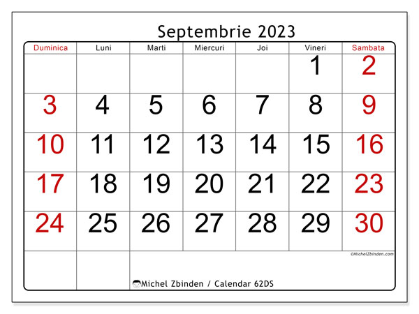 Calendar septembrie 2023, 62DS. Calendar pentru imprimare gratuit.