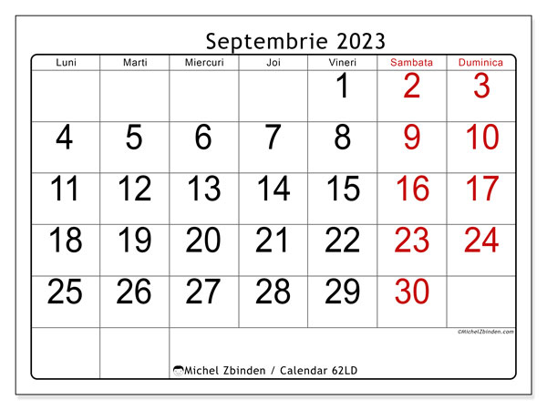 Calendar pentru imprimare, septembrie 2023, 62LD