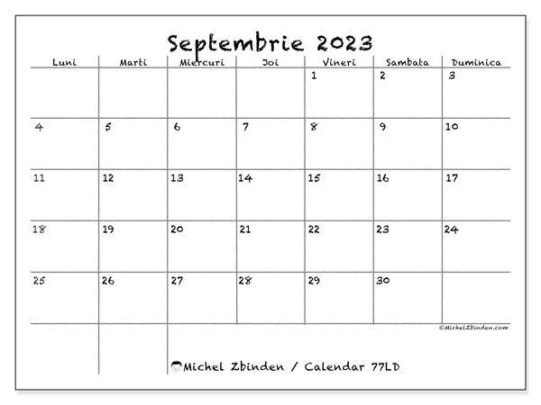 Calendar pentru imprimare, septembrie 2023, 77LD