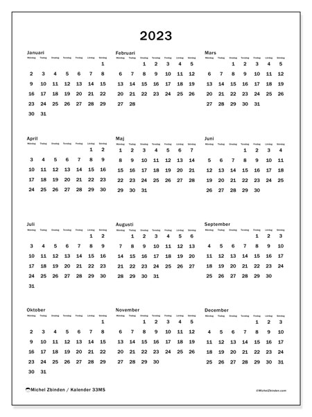 Årlig kalender 2023, 33MS. Gratis utskrivbart program.