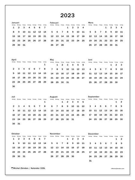 Årlig kalender 2023, 33SL. Gratis utskrivbart program.