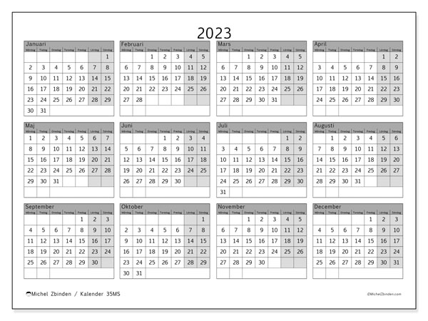 Årlig kalender 2023, 35MS. Gratis utskrivbart program.