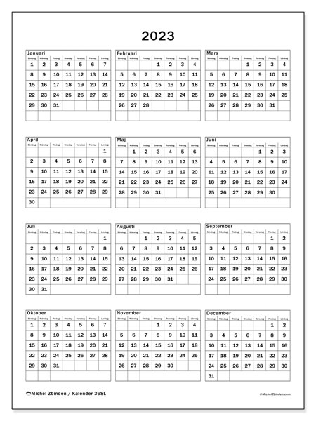 Kalender 2023 för att skriva ut. Årskalender “36SL” och gratis utskrivbar almanak