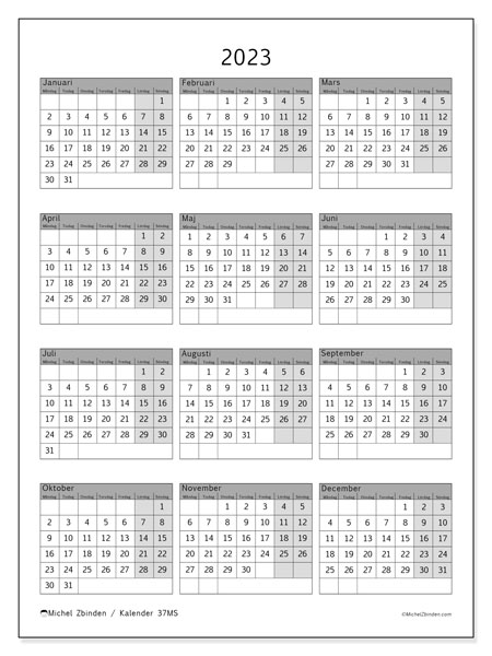 Årlig kalender 2023, 37MS. Gratis utskrivbart program.