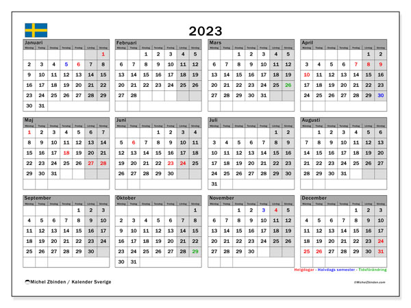 Calendrier annuels 2023, Suède (SV), prêt à imprimer et gratuit.